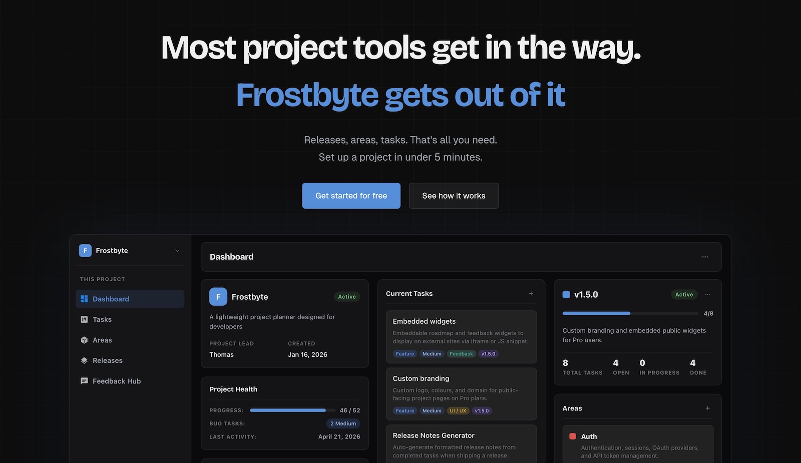 Frostbyte dashboard with project health, current tasks and an active release