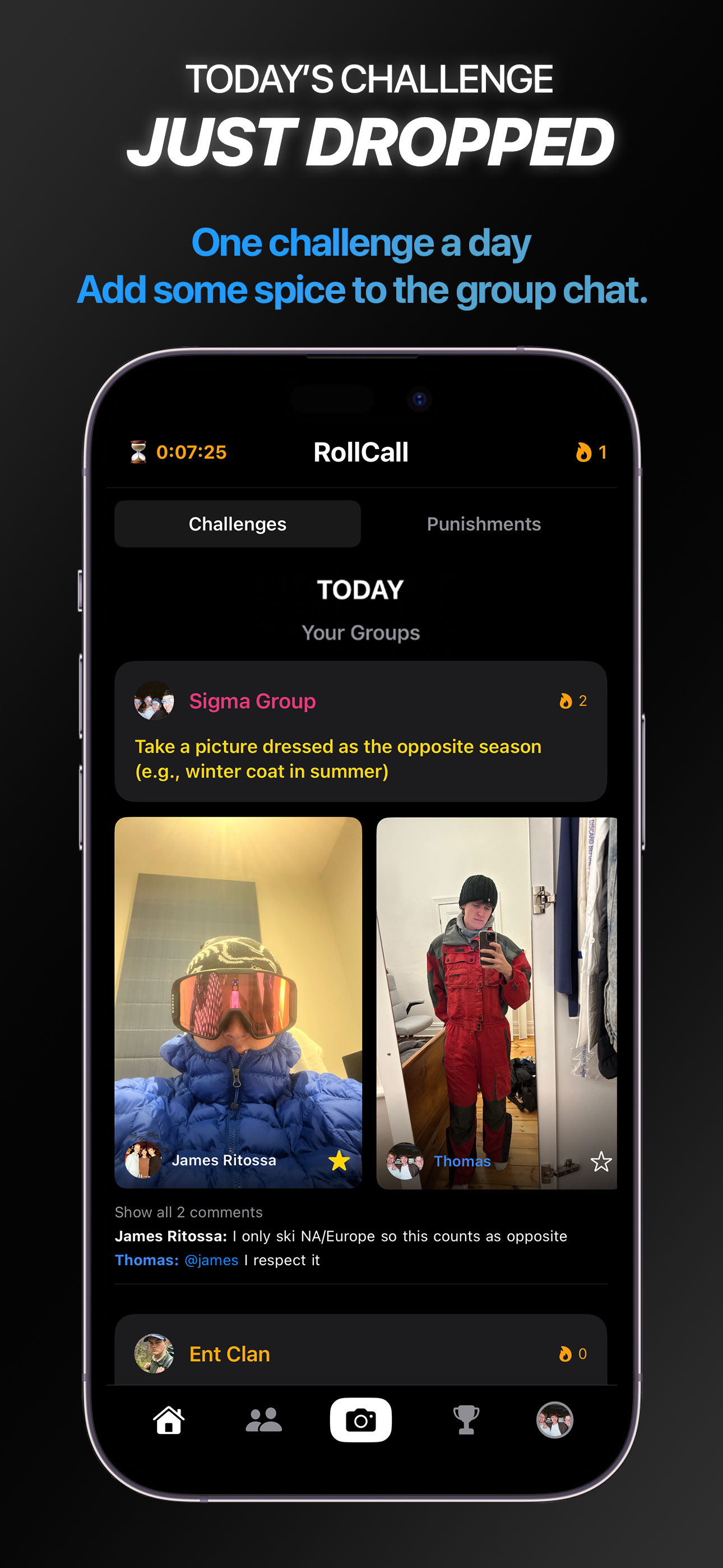 RollCall home screen showing today's challenge for your groups