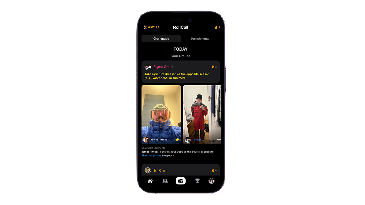RollCall app showing a daily challenge with group submissions