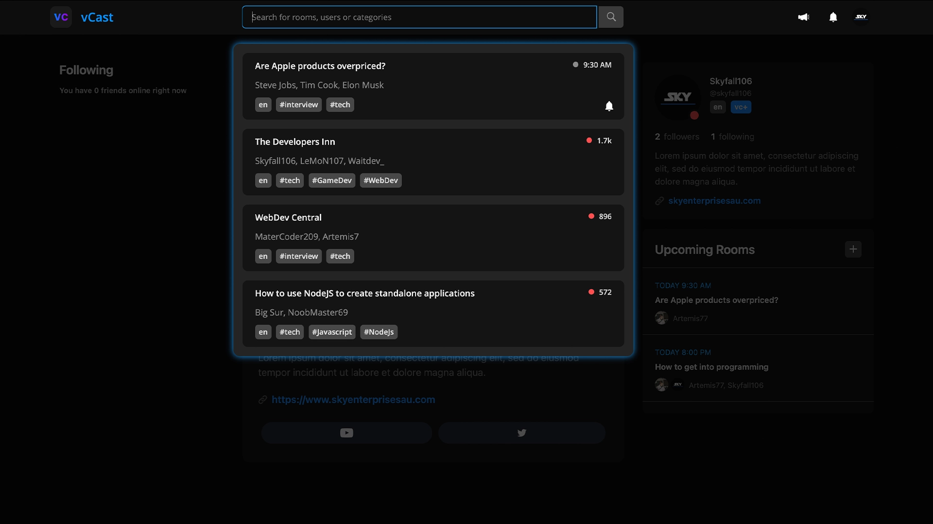 vCast Search Screenshot